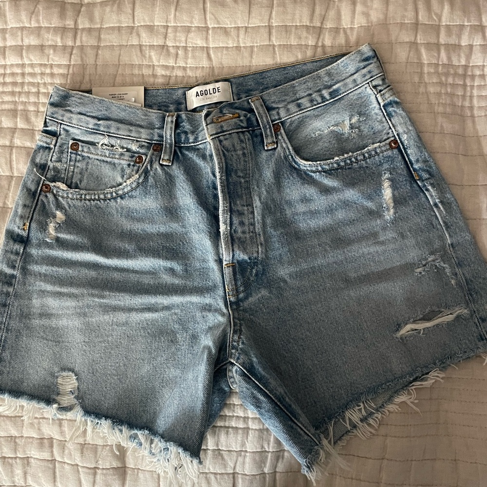 Agolde Blue Jean Shorts High-Waisted Frayed Hem - Picture 4 of 6